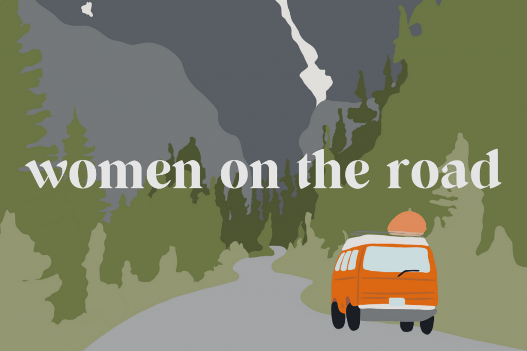 Titelbild der Female Explorer Playlist Women on the road mit Van, der in die Berge fährt